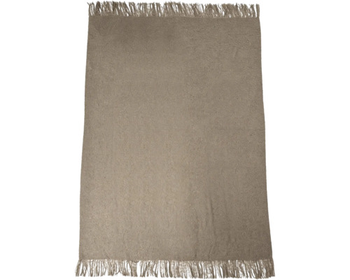 Eine rechteckige Tagesdecke aus Textil mit Fransen an den kurzen Seiten.