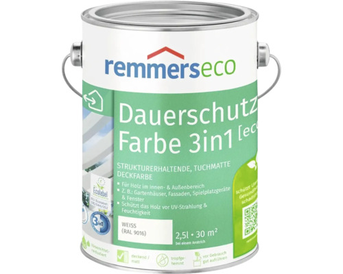 Remmers Eco Dauerschutz Farbe 3 in 1, 2,5 Liter, Holzfarbe für Innen- und Außenbereich, weiß, deckend und matt.