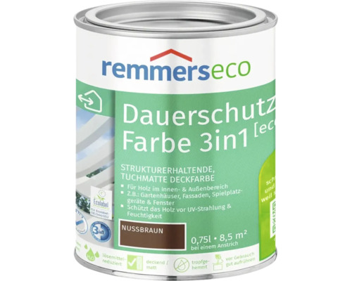 Dose Remmers Eco Dauerschutz Farbe 3 in 1 nussbraun für Holz im Innen und Außenbereich 0,75 Liter