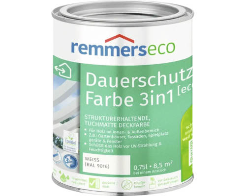 Dose Remmers Eco Dauerschutz Farbe 3 in 1 Weiss RAL 9016 für Holz im Innen und Außenbereich 0,75 Liter.