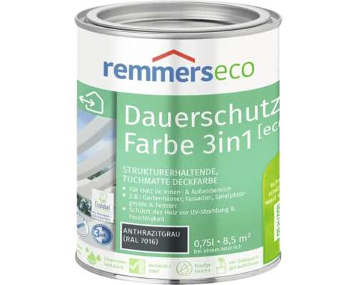 Dose Remmers Eco Dauerschutzfarbe 3 in 1, deckende Holzfarbe fuer innen und aussen, Anthrazitgrau RAL 7016, 0,75 Liter.