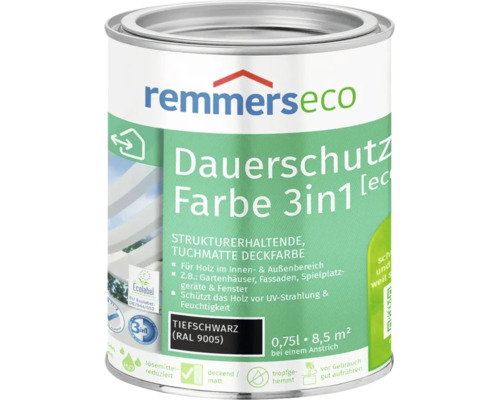 Dose Remmers Eco Dauerschutzfarbe 3 in 1 in Tiefschwarz RAL 9005 für Holz im Innen- und Außenbereich mit 0,75 Liter Inhalt.