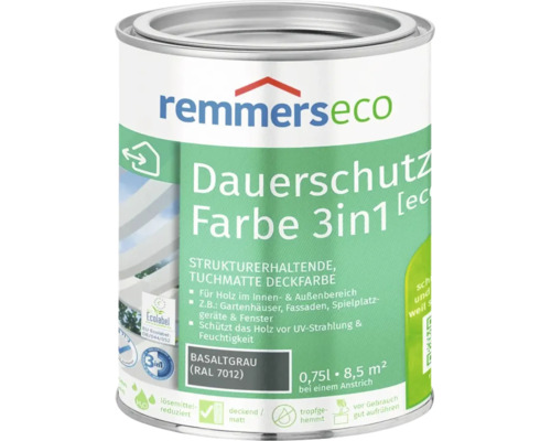 Dose Remmers Eco Dauerschutzfarbe 3 in 1 in Basaltgrau RAL 7012, 0,75 Liter, strukturerhaltende Holzfarbe für innen und außen.