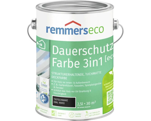 Remmers eco Dauerschutzfarbe 3 in 1 in Tiefschwarz RAL 9005, 2,5 Liter deckende Holzfarbe für innen und außen.