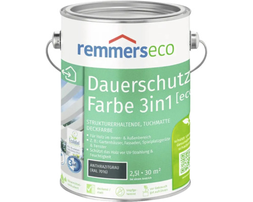 Remmers Eco Dauerschutz Farbe 3in1 anthrazitgrau 2,5 Liter Gebinde für Holz im Innen und Außenbereich.