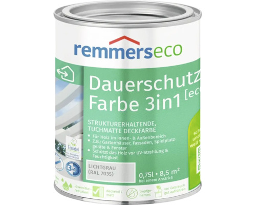 Dose Remmerseco Dauerschutz Farbe 3 in 1 Lichtgrau RAL 7035 Holzfarbe für Innen und Außen 0,75 Liter