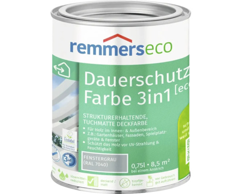 Eine Dose Remmers Eco Dauerschutz Farbe 3 in 1 in Fenstergrau RAL 7040 für Holz im Innen und Außenbereich mit 0,75 Liter Inhalt.