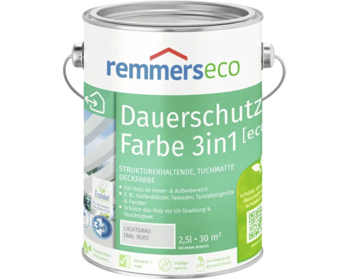 Remmers Eco Dauerschutz Farbe 3 in 1 Lichtgrau Holzfarbe fuer innen und aussen 2,5 Liter
