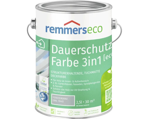 Remmers eco Dauerschutz Farbe 3 in 1 für Holz innen und außen in Fenstergrau 2,5 Liter
