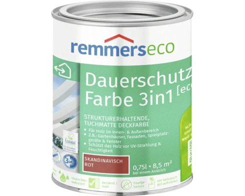 Dose Remmers Eco Dauerschutz Farbe 3 in 1 in Skandinavisch Rot, 0,75 Liter, für Holz im Innenbereich und Außenbereich.