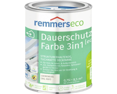 Remmers Eco Dauerschutz Farbe 3 in 1 cremeweiss RAL 9001 0,75 Liter fuer Holz im Innen- und Aussenbereich.