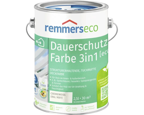 Remmers eco Dauerschutz Farbe 3 in 1 cremeweiss RAL 9001 2,5 Liter Holzschutzfarbe für Innen und Außen