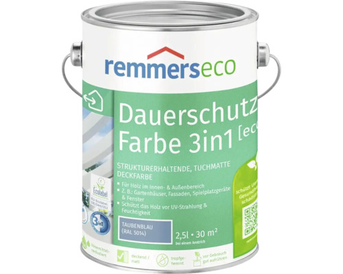 Dose Remmers Eco Dauerschutz Farbe 3 in 1 Taubenblau 2,5 Liter für Holz im Innen und Außenbereich.
