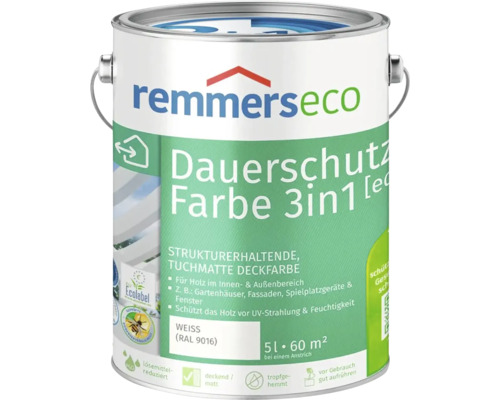 Remmers Eco Dauerschutz Farbe 3 in 1, 5 Liter, deckende Holzfarbe für innen und außen, weiß RAL 9016, matt