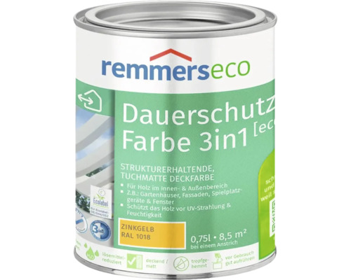 Dose Remmers Eco Dauerschutz Farbe 3 in 1 Zinkgelb 0,75 Liter für Holz im Innen und Außenbereich