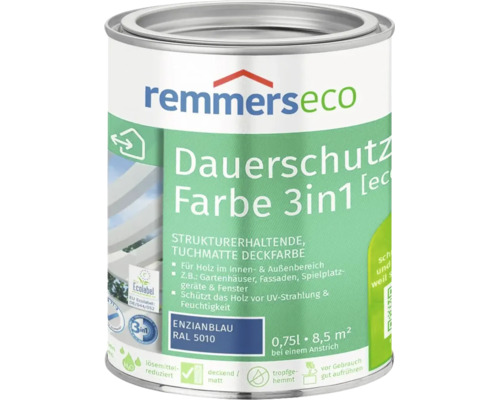 Dose Remmers Eco Dauerschutz Farbe 3 in 1, Enzianblau RAL 5010, 0,75 Liter, deckende Holzfarbe für Innen und Außen.