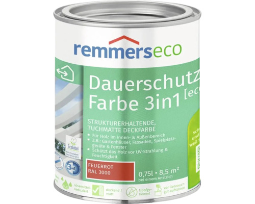 Eine Dose Remmers Eco Dauerschutz Farbe 3 in 1 feuerrot RAL 3000 für Holzschutz im Innen- und Außenbereich mit 0,75 Liter Inhalt.