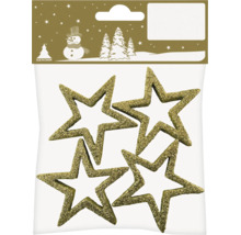 Vier glitzernde Sterne als Weihnachtsbaumschmuck aus Kunststoff in einer Verpackung mit Geroma Logo