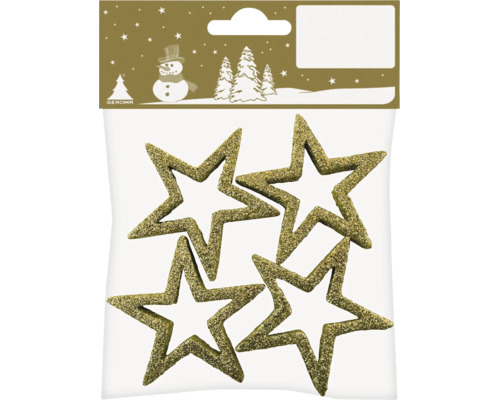 Vier glitzernde Sterne als Weihnachtsbaumschmuck aus Kunststoff in einer Verpackung mit Geroma Logo