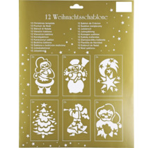 Set mit 12 Weihnachtsschablonen für Dekorationen mit verschiedenen winterlichen Motiven wie Weihnachtsmann, Schneemann, Sternen und Engeln.