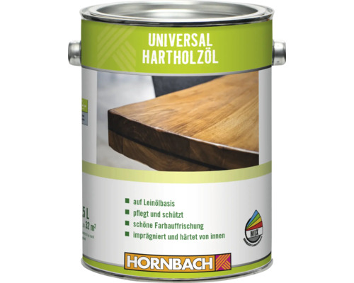 Dose Universal Hartholzöl auf Leinölbasis zur Pflege und zum Schutz von Holzoberflächen mit Hornbach Farbmischcenter Logo Dose Universal Hartholzöl auf Leinölbasis zur Pflege und zum Schutz von Holzoberflächen mit Hornbach Farbmischcenter Logo
