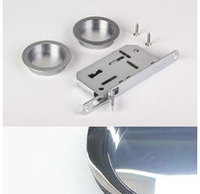 Einsteckschloss für Schiebetüren aus Metall mit zwei runden Griffmuscheln und zwei Befestigungsschrauben.