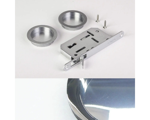 Einsteckschloss für Schiebetüren aus Metall mit zwei runden Griffmuscheln und zwei Befestigungsschrauben.
