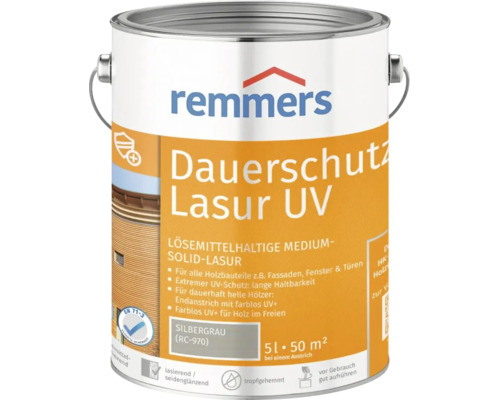 Remmers Dauerschutz Lasur UV, silbergrau, 5 Liter, lösemittelhaltige Holzlasur für Außenbereiche wie Fassaden, Fenster und Türen.