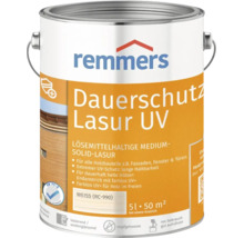 Remmers Dauerschutz Lasur UV, 5 Liter Weiss, lösemittelhaltige Holzlasur für Fassaden, Fenster und Türen im Außenbereich.
