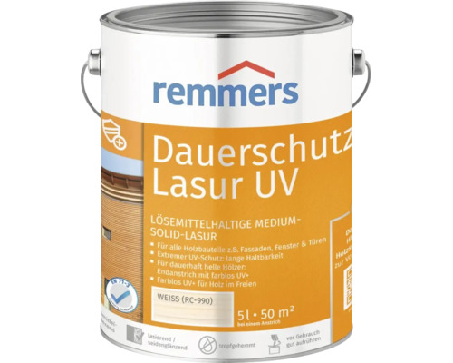 Remmers Dauerschutz Lasur UV, 5 Liter Weiss, lösemittelhaltige Holzlasur für Fassaden, Fenster und Türen im Außenbereich.