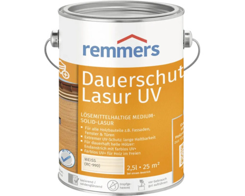 Remmers Dauerschutz Lasur UV Weiss 2,5 Liter loesemittelhaltige Holzlasur für Außenbereiche