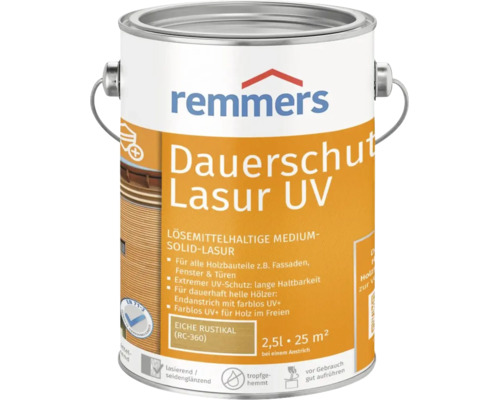 Remmers Dauerschutz Lasur UV, lösemittelhaltige Holzlasur für Außenbereiche, Eiche rustikal, 2,5 Liter