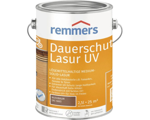Remmers Dauerschutz Lasur UV in der Farbe Nussbaum in einem zwei Komma fünf Liter Gebinde für den Holzschutz im Außenbereich.