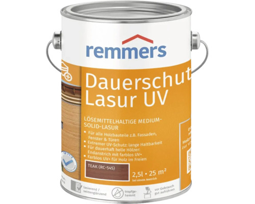 Remmers Dauerschutz Lasur UV Teak 2,5 Liter Holzlasur für Außenbauteile wie Fassaden, Fenster und Türen