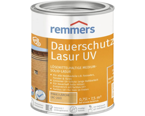Dose Remmers Dauerschutz Lasur UV Pinie Lärche 0,75 Liter für lösemittelhaltigen Holzschutz im Außenbereich mit UV Schutz.