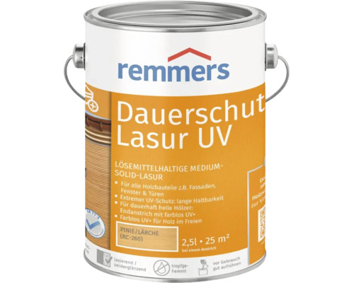 Dauerschutz Lasur UV von Remmers in Pinie Laerche, 2,5 Liter Gebinde fuer Holzschutz im Aussenbereich.