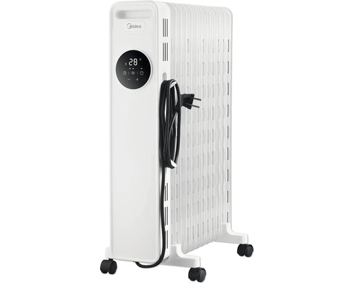 Midea Ölradiator mit digitalem Display, 28 Grad Celsius Anzeige, 4 Rollen und integrierter Kabelaufwicklung für effiziente Raumheizung.