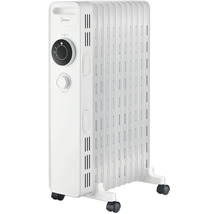 Midea Oelradiator mit Thermostat und Heizstufenregler auf Standfuessen mit Rollen.