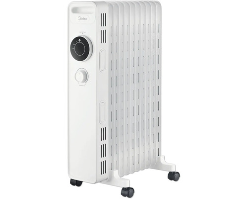 Midea Oelradiator mit Thermostat und Heizstufenregler auf Standfuessen mit Rollen.