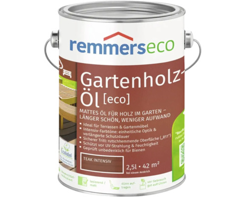 Remmers Eco Gartenholzöl 2,5 Liter Teak Intensiv für Terrassen und Gartenmöbel zum Schutz vor UV Strahlung und Feuchtigkeit.
