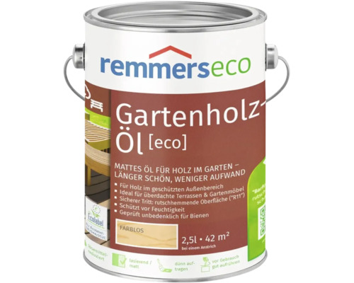 Dose Remmers eco Gartenholz Oel farblos 2,5 Liter fuer Gartenmoebel und Terrassen mit EU Ecolabel Zertifizierung.