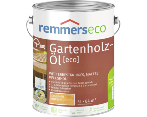 Remmerseco Gartenholz-Öl in Douglasie Intensiv, 5 Liter Dose für wetterbeständige Holzpflege im geschützten Außenbereich.
