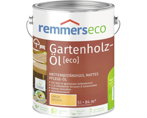 Remmers eco Gartenholzöl 5 Liter in Farbe Lärche intensiv, witterungsbeständiges Pflegeöl für Holz im Außenbereich.
