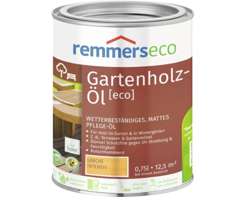 Eine Dose Remmers Eco Gartenholz Öl in der Farbe Lärche intensiv mit 0,75 Liter Inhalt für wetterbeständige Pflege von Holz im Außenbereich.