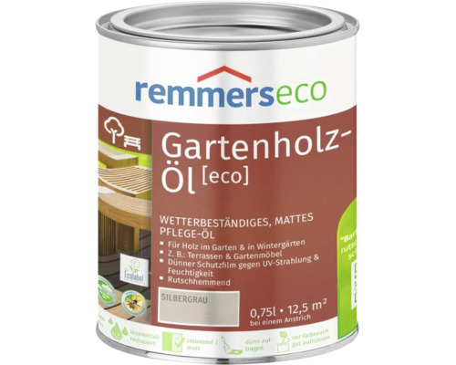 Dose Remmers eco Gartenholz-Öl in Silbergrau zur Pflege von Holz im Außenbereich, Inhalt 0,75 Liter für 12,5 Quadratmeter.