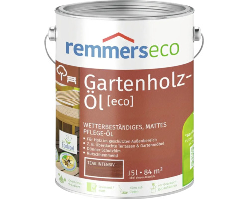 Eine Dose Remmers Eco Gartenholz Öl in Teak Intensiv, 1.5 Liter für 84 Quadratmeter, wetterbeständiges mattes Pflegeöl für Außenholz.