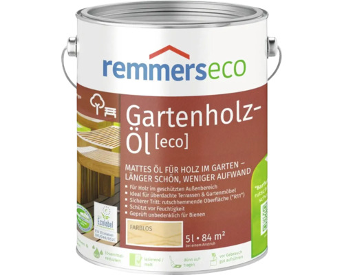 Dose Remmerseco Gartenholz-Öl in farblos für den Außenbereich, 5 Liter Gebinde für Holzschutz von Gartenmöbeln und Terrassen.