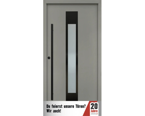 Moderne Haustür mit vertikalem Glaseinsatz und langem Stoßgriff.