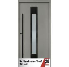 Moderne Haustür mit vertikalem Glaseinsatz und langem Stoßgriff für den Hauseingang.