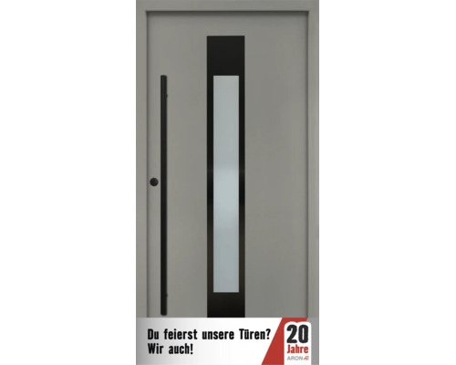 Moderne Haustür mit vertikalem Glaseinsatz und langem Stoßgriff für den Hauseingang.